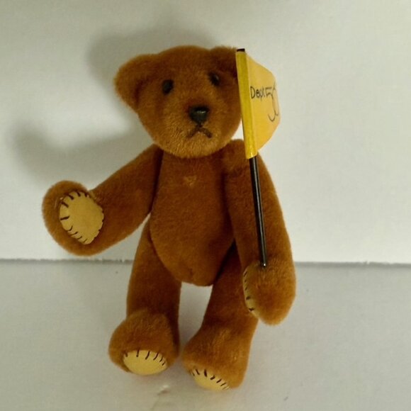 VTG Teddy Bear Pin Plush Jointed Holding Dept 56 Flag Movable arms legs 2.25" - Picture 1 of 10